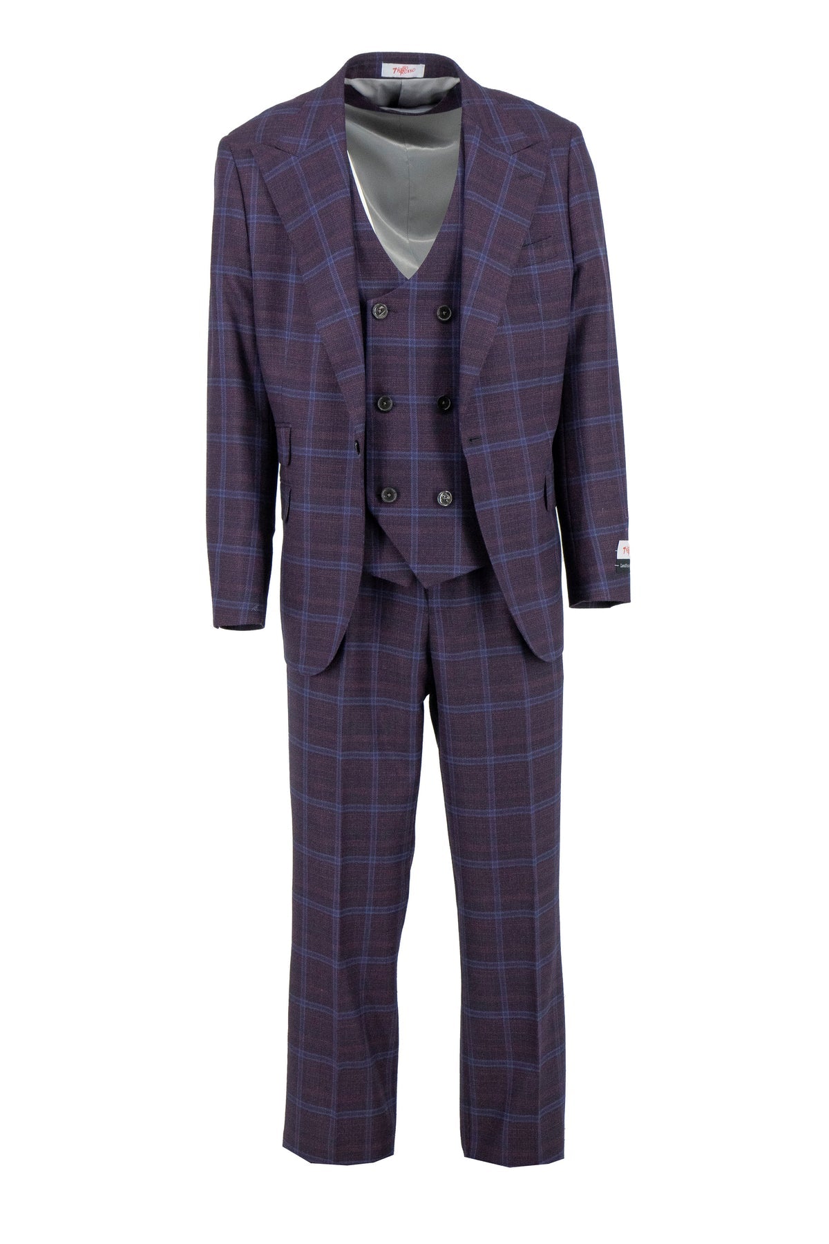 The Tiglio Rosso Orvietto Semi Wide Leg Purple/Blue Plaid TL7519, a 100% wool two-piece suit with single-breasted jacket and matching trousers from Tiglio Rosso, is shown on a white background.