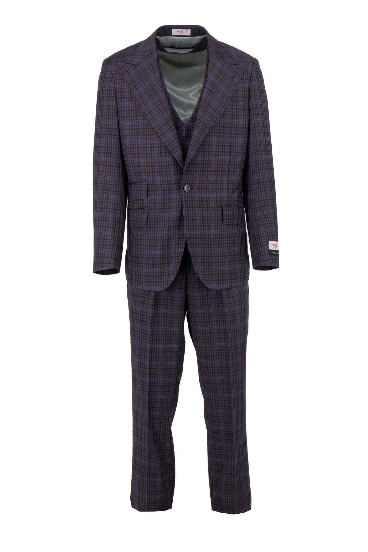 The Tiglio Rosso Orvietto Semi Wide Leg Eggplant/Black Check TL7522 is a two-piece 100% wool suit by Tiglio Rosso, featuring a single-breasted plaid jacket and matching trousers, shown on a white background.