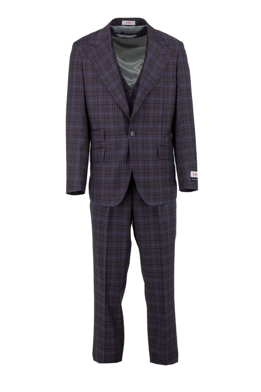 The Tiglio Rosso Orvietto Semi Wide Leg Eggplant/Black Check TL7522 is a two-piece 100% wool suit by Tiglio Rosso, featuring a single-breasted plaid jacket and matching trousers, shown on a white background.