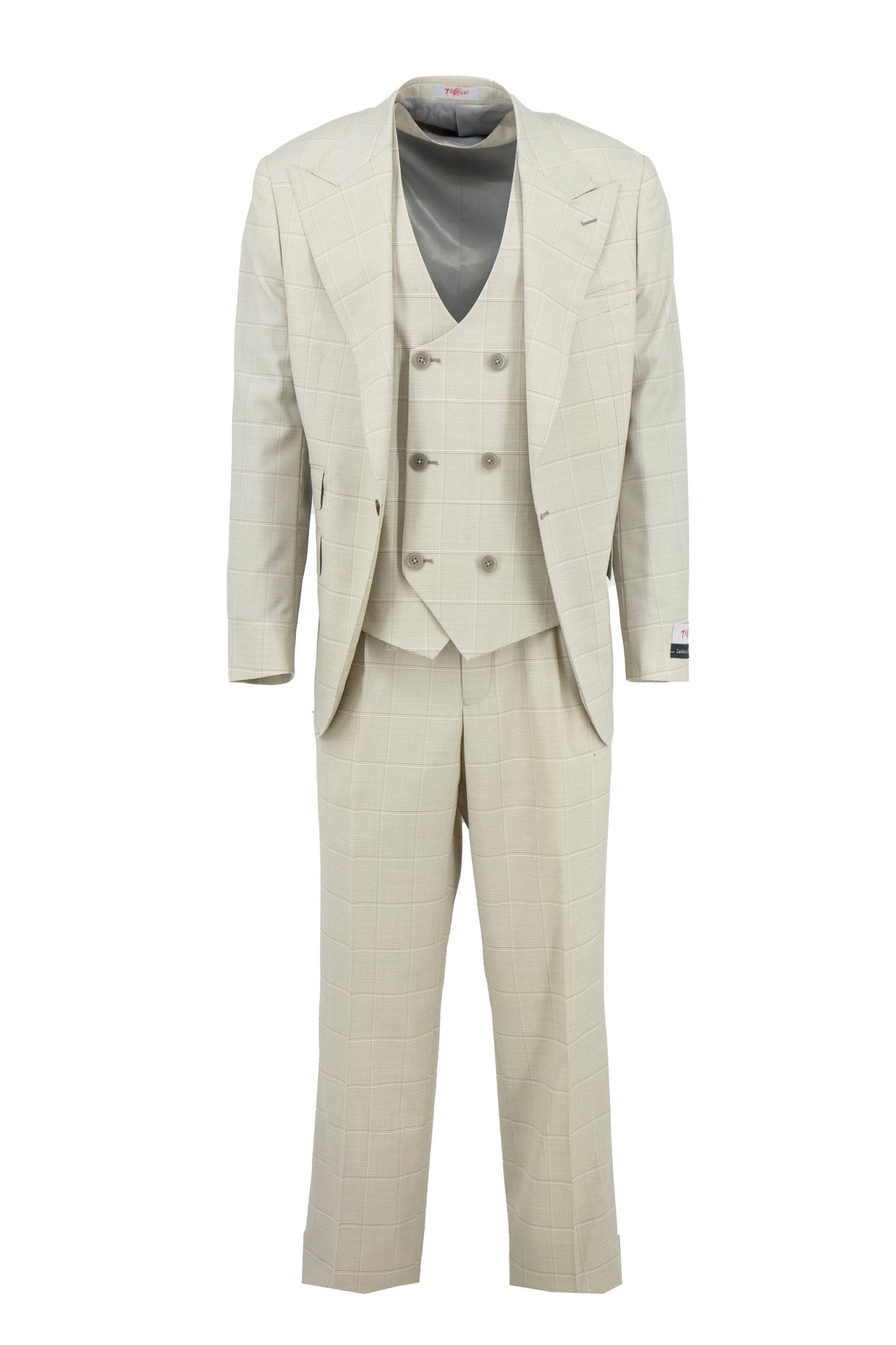 A man stands facing forward in a Tiglio Rosso Orvietto Semi Wide Leg Cream Tain Houndstooth suit (style TL8042), paired with a white dress shirt, patterned tie, and brown shoes, against a plain white background.