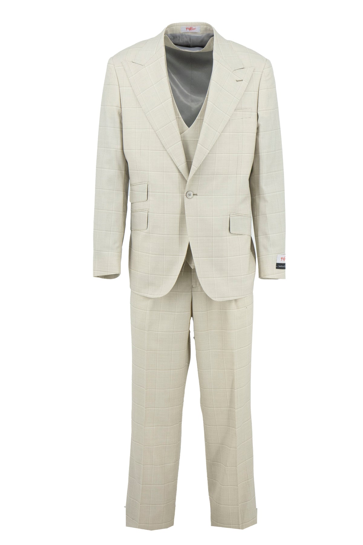 A man stands facing forward in a Tiglio Rosso Orvietto Semi Wide Leg Cream Tain Houndstooth suit (style TL8042), paired with a white dress shirt, patterned tie, and brown shoes, against a plain white background.