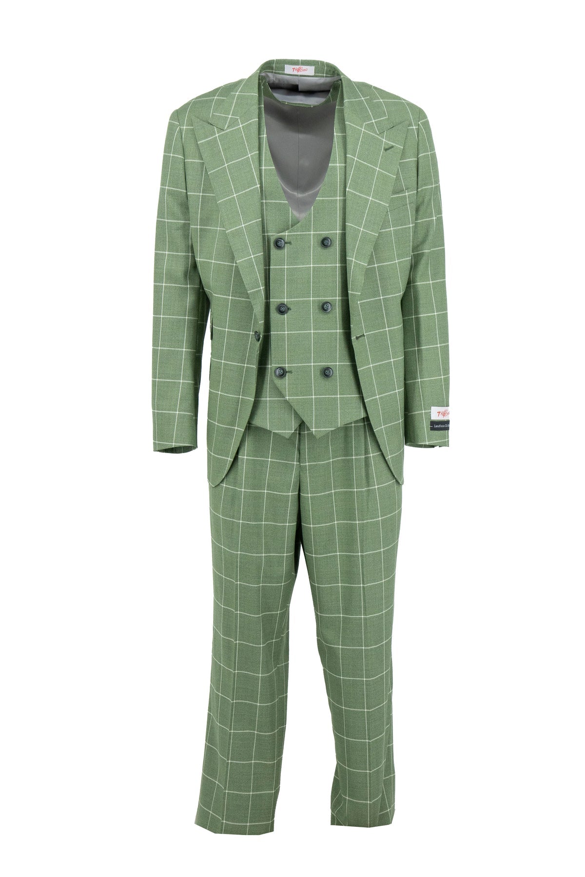 The Tiglio Rosso Orvietto Semi Wide Leg Sage Green/Cream TL8073 is a 100% wool suit in sage green with a cream windowpane check, featuring a two-button blazer and matching trousers from Tiglio Rosso, shown on a white background.