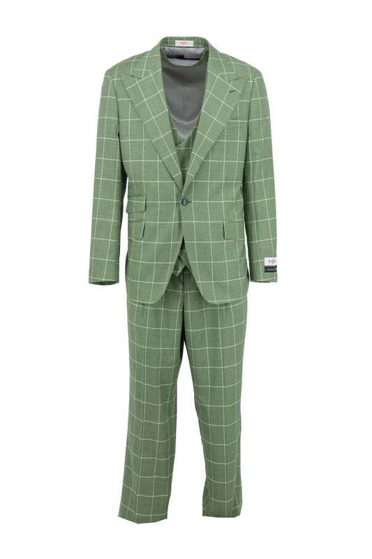 The Tiglio Rosso Orvietto Semi Wide Leg Sage Green/Cream TL8073 is a 100% wool suit in sage green with a cream windowpane check, featuring a two-button blazer and matching trousers from Tiglio Rosso, shown on a white background.