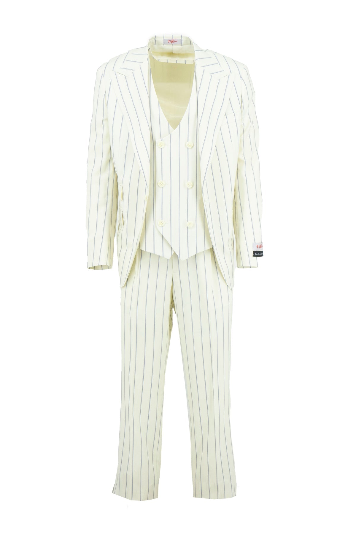 The Tiglio Rosso Orvietto TL8098 is an offwhite suit with navy pinstripes, featuring a single-breasted blazer and semi wide-leg trousers, displayed on a white background.