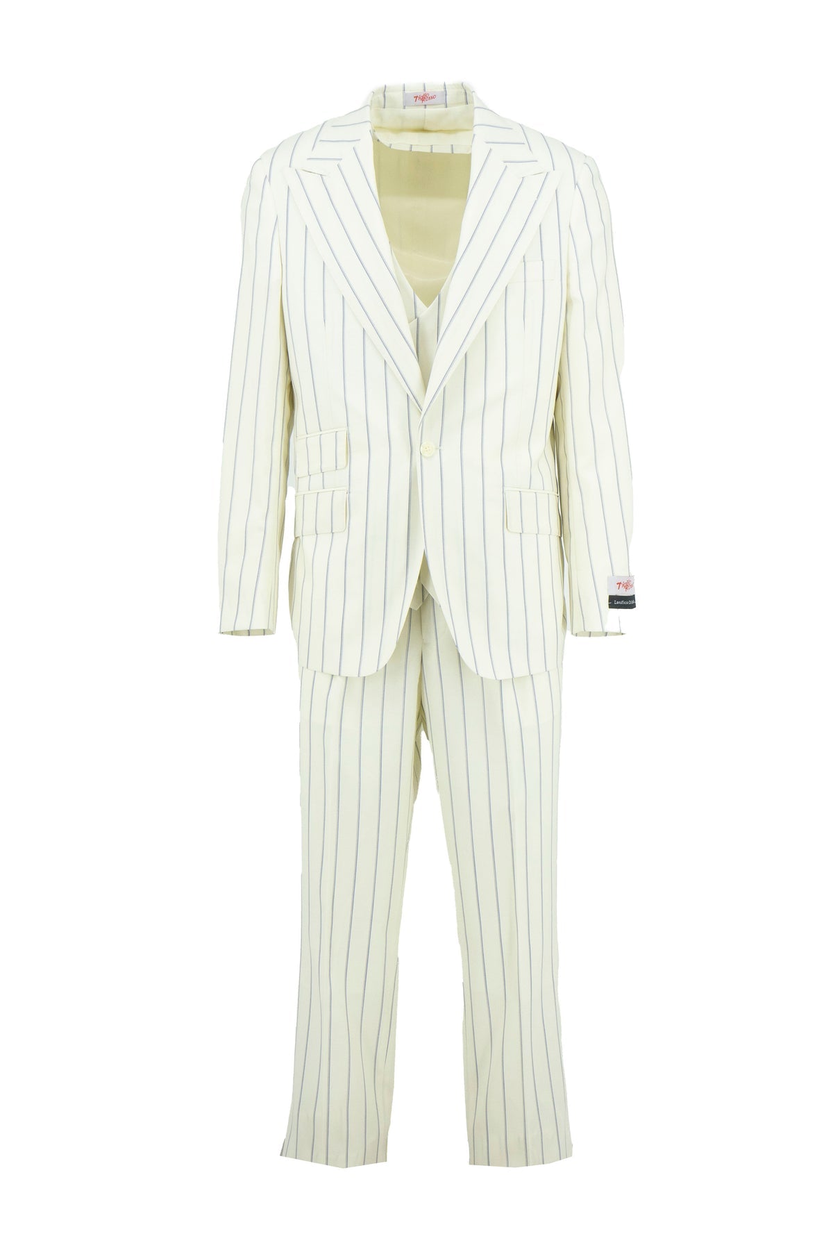 The Tiglio Rosso Orvietto TL8098 is an offwhite suit with navy pinstripes, featuring a single-breasted blazer and semi wide-leg trousers, displayed on a white background.