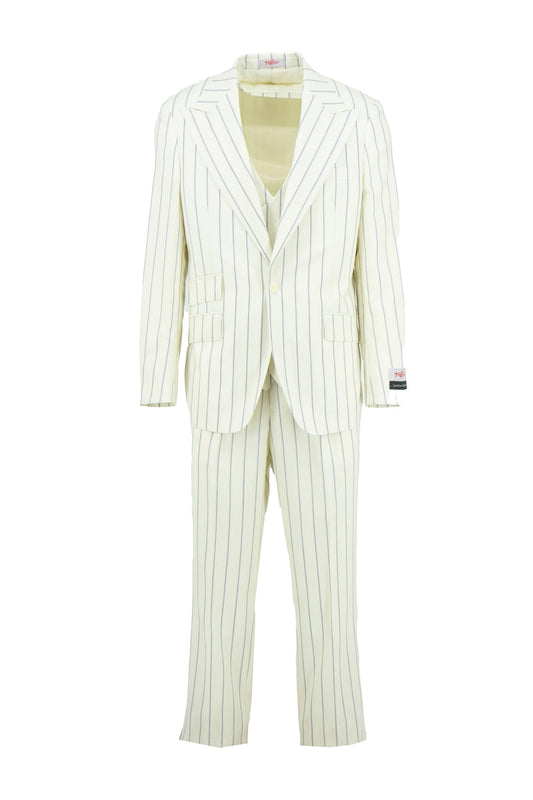 The Tiglio Rosso Orvietto TL8098 is an offwhite suit with navy pinstripes, featuring a single-breasted blazer and semi wide-leg trousers, displayed on a white background.