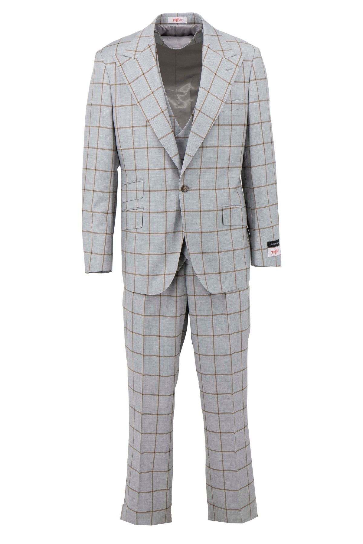 The Tiglio Rosso Orvietto Gray suit (TL5576) features a light gray background with thin brown and blue checks, complemented by matching semi wide-leg pants. This 100% wool ensemble from the Tiglio Rosso collection offers unparalleled comfort and sophistication.