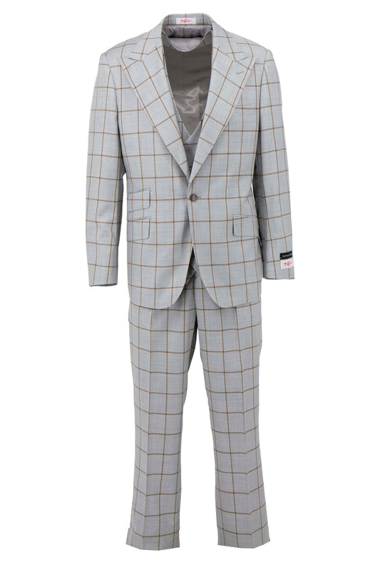 The Tiglio Rosso Orvietto Gray suit (TL5576) features a light gray background with thin brown and blue checks, complemented by matching semi wide-leg pants. This 100% wool ensemble from the Tiglio Rosso collection offers unparalleled comfort and sophistication.