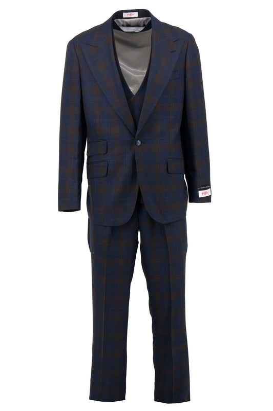 The Tiglio Rosso Orvietto Navy & Brown Windowpane Semi Wide Leg TL7506 suit, crafted from 100% wool and displayed on a white background with sleeve labels, showcases the elegance of Tiglio Rosso.