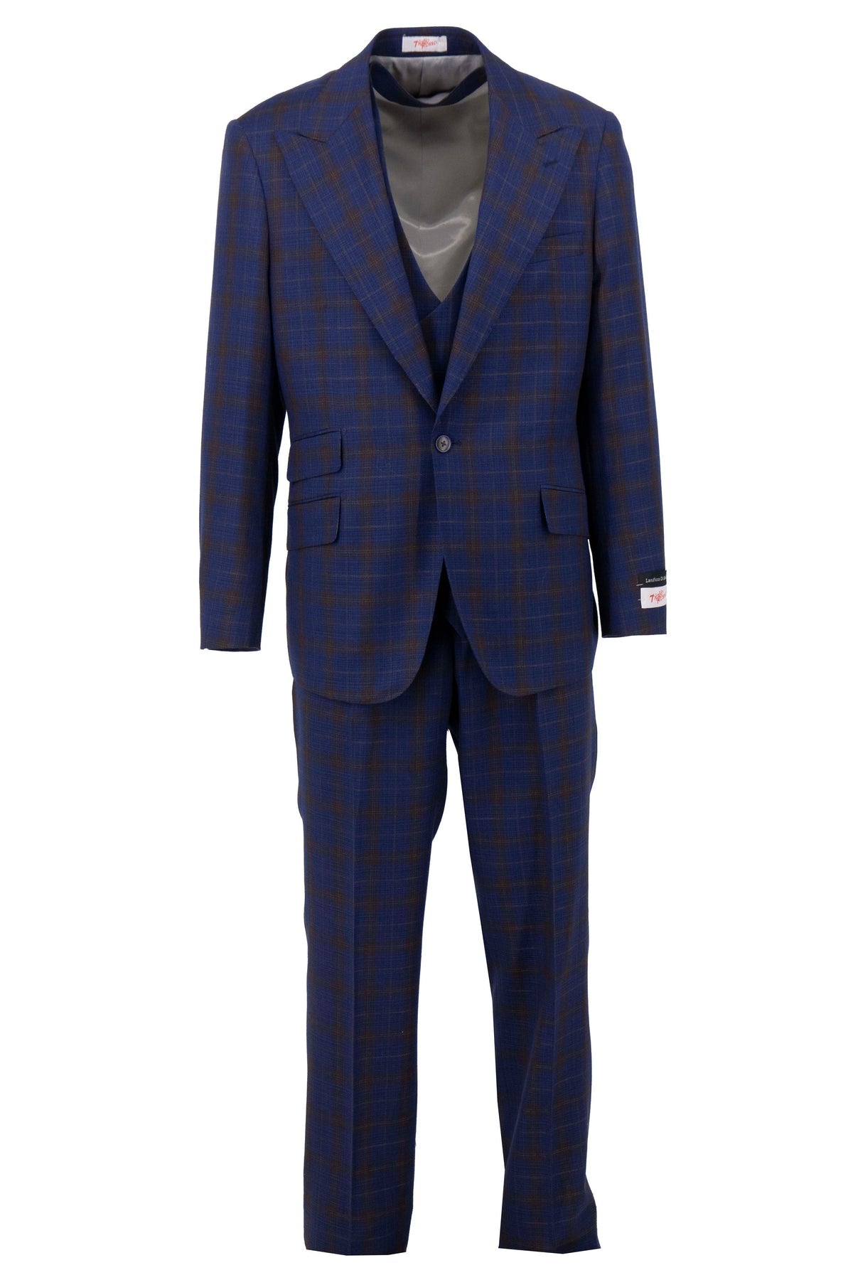 The Tiglio Rosso Orvietto Navy with Brown Window Pane TL7507 suit features a matching jacket and semi wide leg trousers, 100% wool, peak lapels, flap pockets, and a single-breasted closure. Available in store.