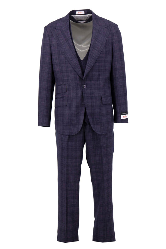 The Tiglio Rosso Orvietto Purple Checkered semi wide-leg suit, crafted by Tiglio Rosso, is elegantly presented with a single-button jacket and matching pants on a white background.
