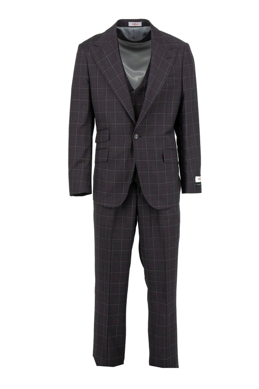 The Tiglio Rosso Orvietto Semi Wide Leg Brown/White Windowpane TL7045 is a 100% wool two-piece suit with a single-breasted blazer and matching trousers, displayed on a white background.