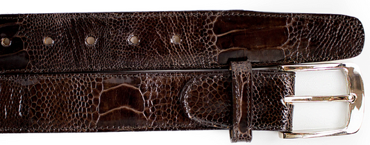The BELVEDERE Belvedere Ostrich Leg Belt Chocolate Brown 2000 features an ostrich leg finish with a crocodile pattern, a silver buckle, five adjustment holes, fits size 44, and offers easy comfort adjustments.