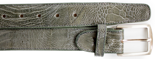 The BELVEDERE Belvedere Ostrich Leg Belt Gray 2000 features textured ostrich leg pattern leather in gray, an adjustable design, silver rectangular buckle, belt holes, and is shown laid flat.