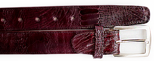 A close-up of the BELVEDERE Belvedere Ostrich Leg Belt Dark Burgundy 2000 in size 44, featuring a silver buckle, multiple adjustment holes, and a distinctive ostrich leg texture.