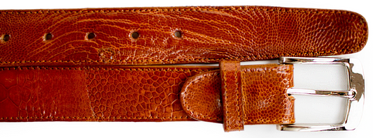 The BELVEDERE Belvedere Ostrich Leg Belt Burned Amber 2000 features textured brown ostrich leg leather and a silver buckle, shown laid flat with the end threaded through. Adjustable for comfort.