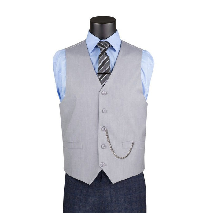 The mannequin displays a Vinci Suits Slim Fit Single Breasted 5 Button Vest in Light Gray (OV-900) over a blue dress shirt with a striped tie, completed by dark trousers. A chain adorns the pocket of the textured solid vest.