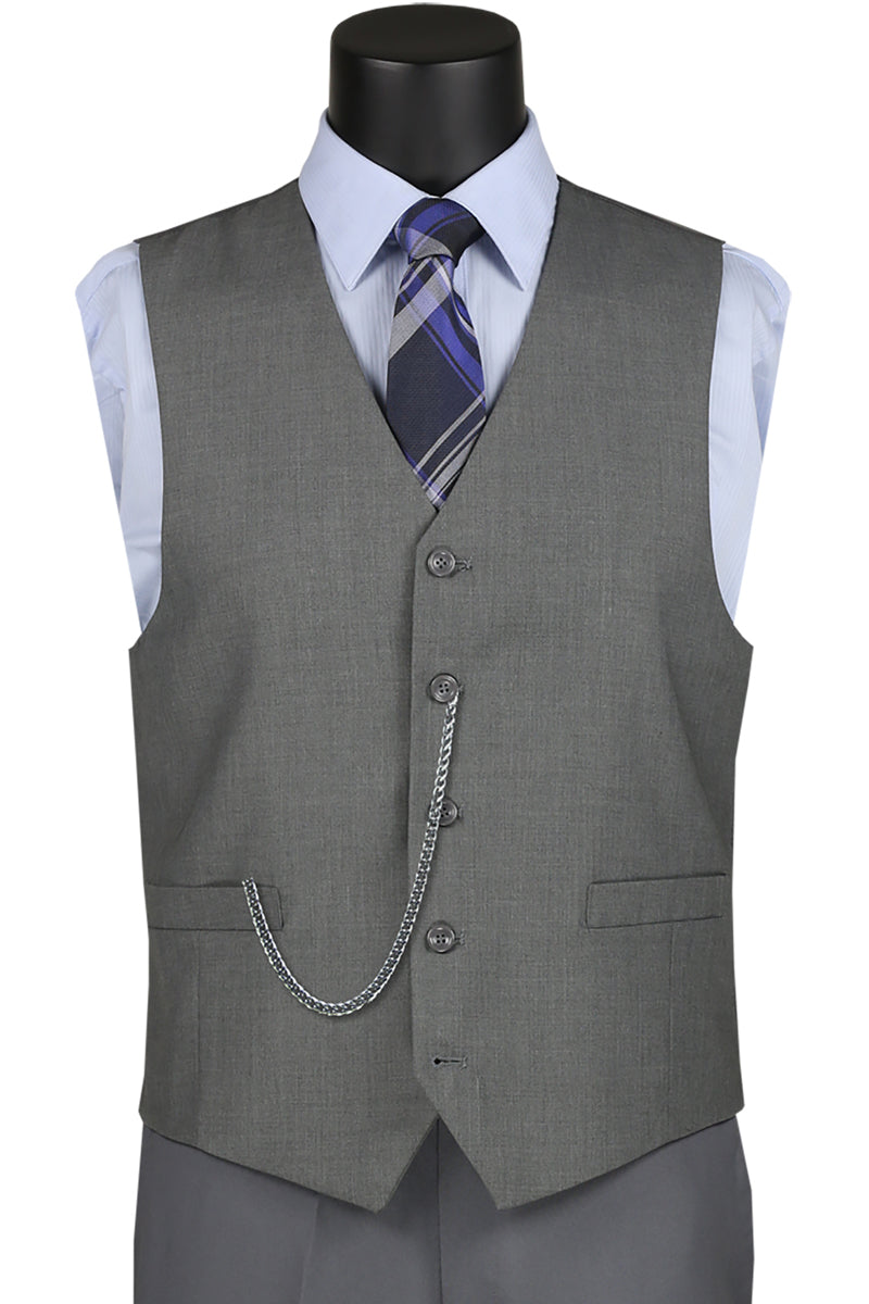 A mannequin showcases a Vinci Suits Single Breasted 5 Button Vest (Medium Gray) OV-900 over a light blue shirt and striped tie, accessorized with a silver chain.