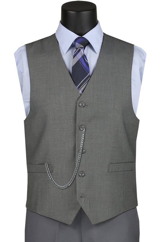 Vinci Suits Single Breasted 5 Button Vest Medium Gray OV-900 worn over a light blue dress shirt and a blue plaid tie, featuring a silver pocket watch chain.