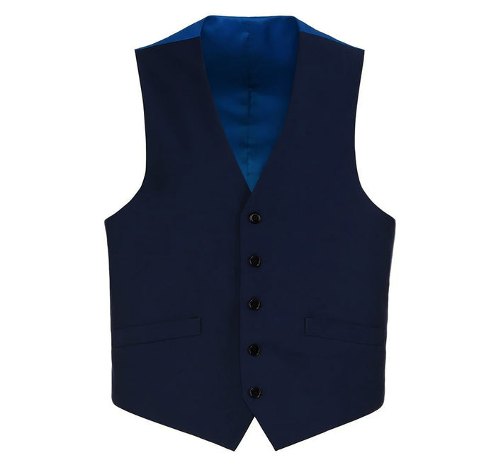 A mannequin displays a Slim Fit Single Breasted 5 Button Vest in Navy (OV-900) by Vinci Suits, paired with a slim fit blue dress shirt, striped tie, and matching trousers against a white backdrop.