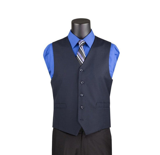 A mannequin displays a Slim Fit Single Breasted 5 Button Vest in Navy (OV-900) by Vinci Suits, paired with a slim fit blue dress shirt, striped tie, and matching trousers against a white backdrop.