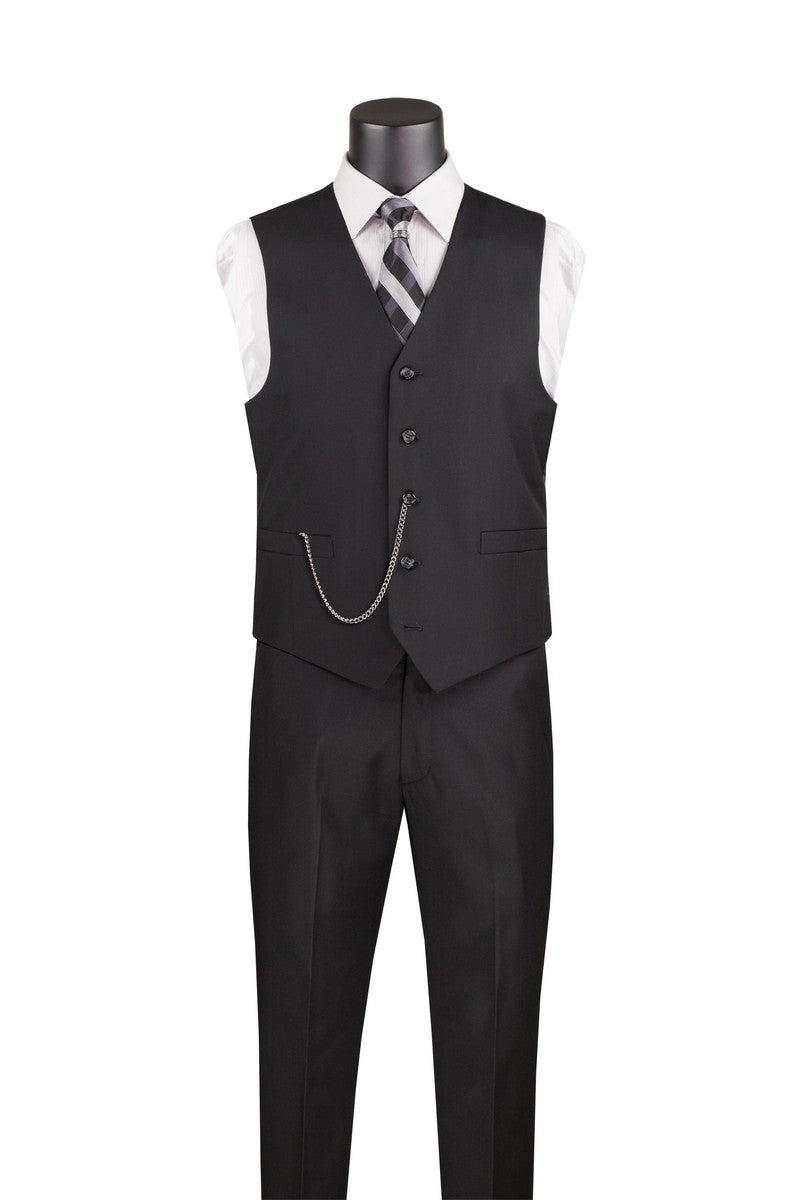 Vinci Suits Slim Fit Single Breasted 5 Button Vest Black OV-900, a black single-breasted five-button vest and trousers worn over a white dress shirt with a striped tie and a silver pocket watch chain.