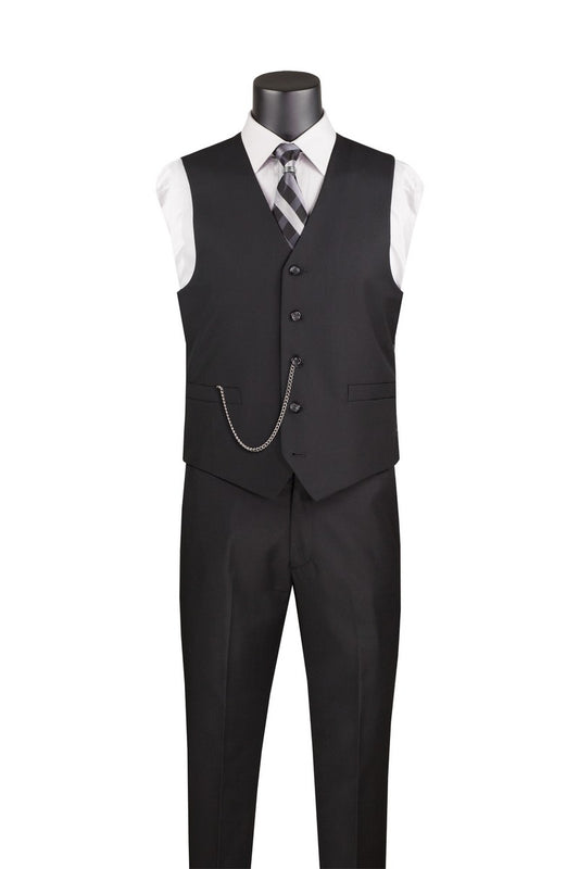 Vinci Suits Slim Fit Single Breasted 5 Button Vest Black OV-900, a black single-breasted five-button vest and trousers worn over a white dress shirt with a striped tie and a silver pocket watch chain.