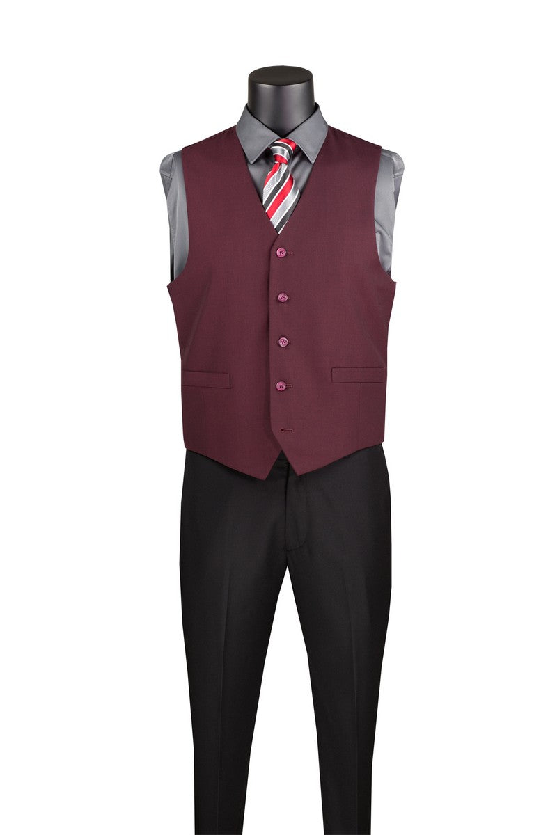 Mannequin in gray shirt, striped red/gray tie, Vinci Suits Single Breasted 5 Button Vest (Burgundy) OV-900 with matching buttons, and black dress pants.