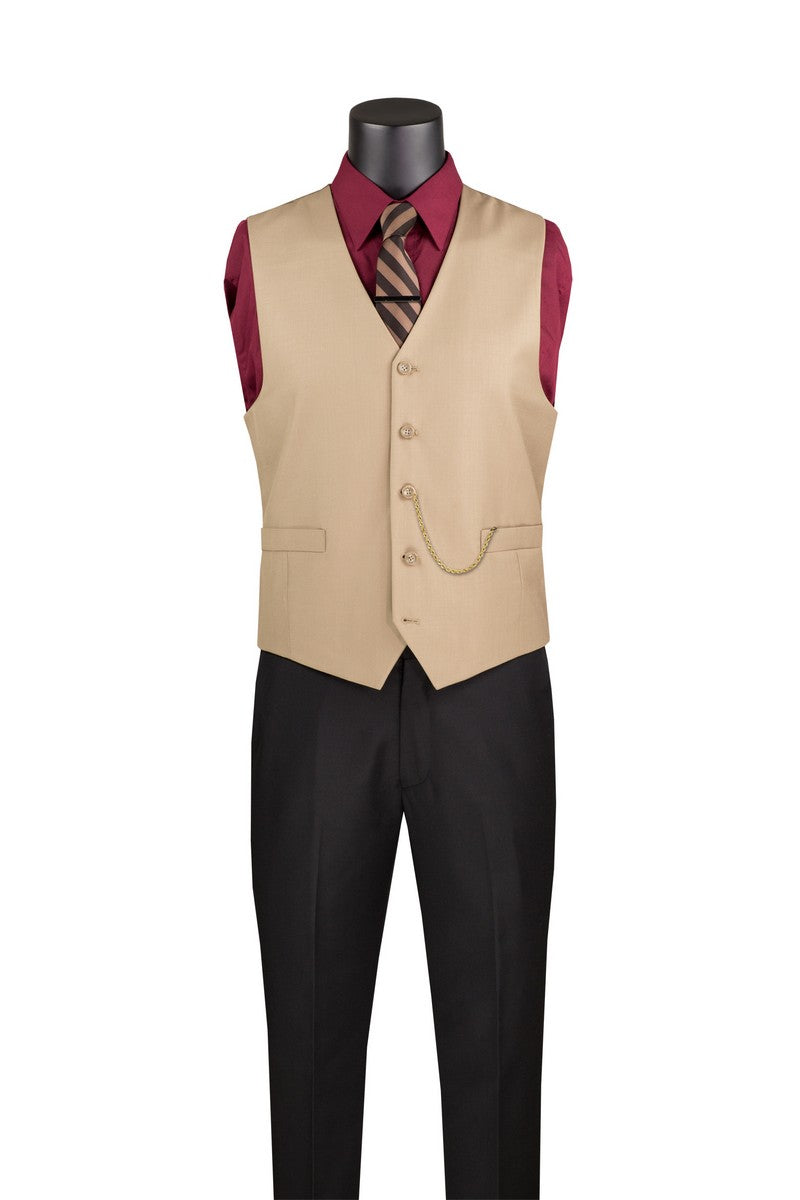 Mannequin wearing Vinci Suits Single Breasted 5 Button Vest (Khaki) OV-900, burgundy shirt, striped tie, black pants; displayed on white background.