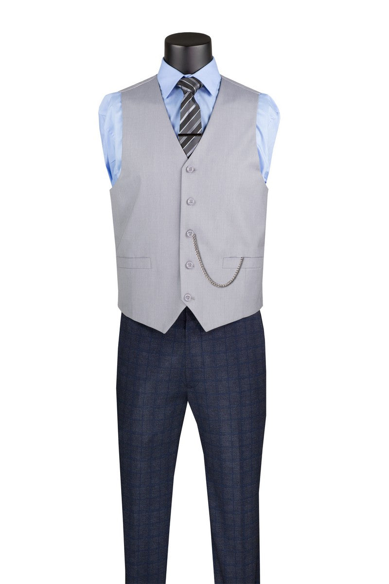 Male mannequin wearing Vinci Suits Single Breasted 5 Button Vest Light Gray OV-900, light blue shirt, striped tie, dark plaid trousers, and pocket watch chain; no jacket.