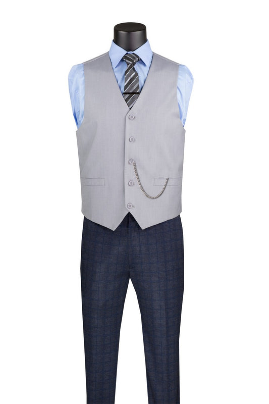 Male mannequin wearing Vinci Suits Single Breasted 5 Button Vest Light Gray OV-900, light blue shirt, striped tie, dark plaid trousers, and pocket watch chain; no jacket.