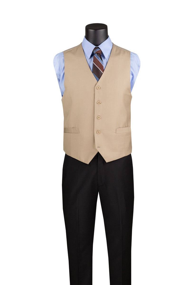 A mannequin is dressed in a Vinci Suits Slim Fit Single Breasted 5 Button Vest in light beige (OV-900), over a light blue shirt with a striped tie, complemented by black pants.