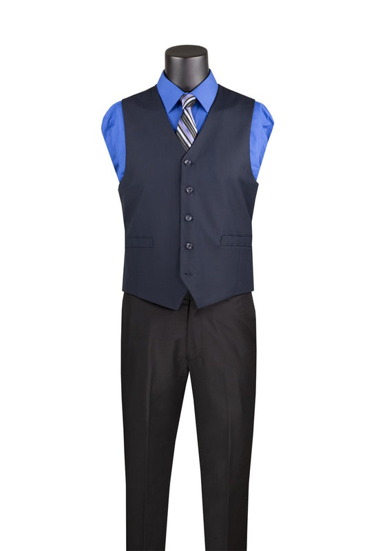 Mannequin wears the Vinci Suits Single Breasted 5 Button Vest Navy OV-900 over a blue dress shirt, striped tie, and black dress pants against a white background.