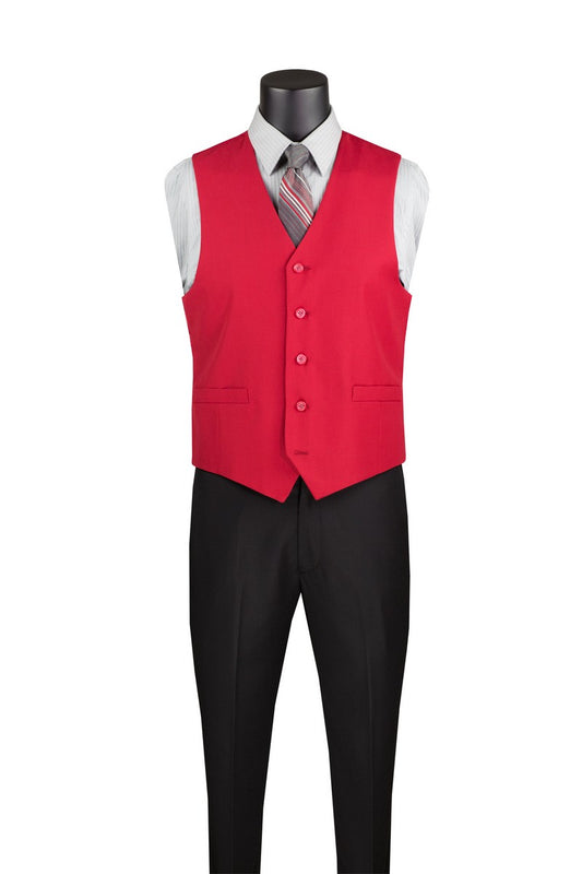 A red Single Breasted 5 Button Vest Red OV-900 by Vinci Suits worn over a striped dress shirt with a patterned tie and black dress pants.