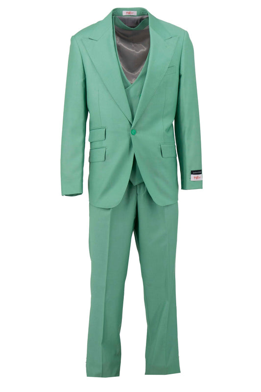 The Tiglio Rosso Orvietto Jade Semi Wide Leg TL4015, a green three-piece suit made of 100% wool, is elegantly showcased against a white background, highlighting the refined craftsmanship typical of Tiglio Rosso.