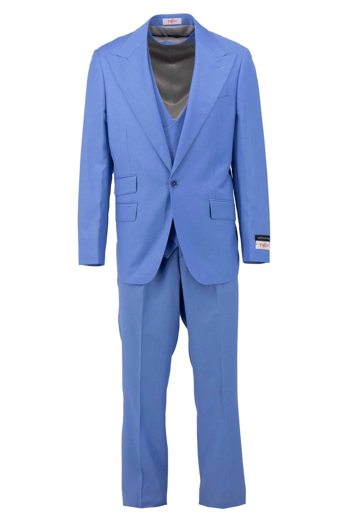 The Tiglio Rosso Orvietto Solid Sky Blue Semi Wide Leg TL6004, crafted from 100% wool, includes a jacket, waistcoat, and trousers. Ideal for any occasion, it showcases the refined style typical of Tiglio Rosso suits.