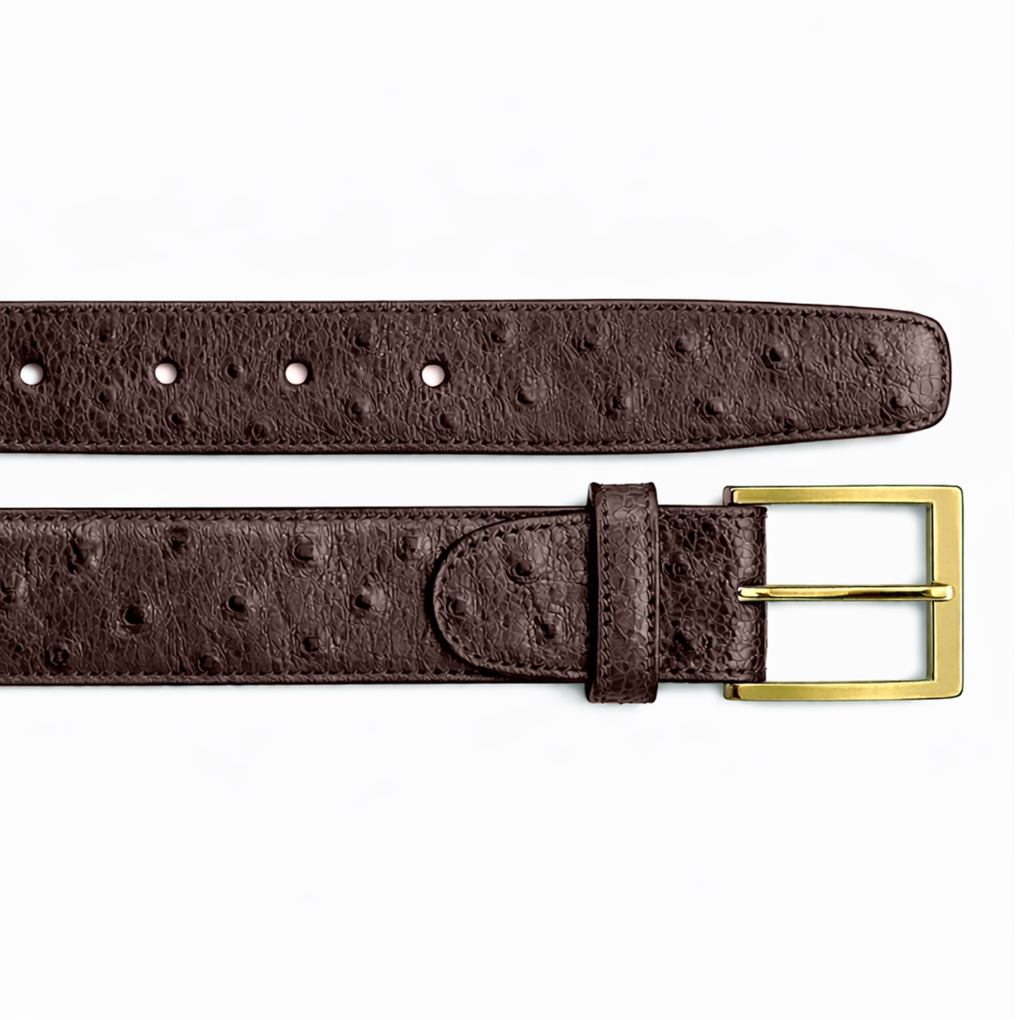 The BELVEDERE Ostrich Quill Belt Brown 2001 features textured brown leather and a gold rectangular buckle, shown against a white background.