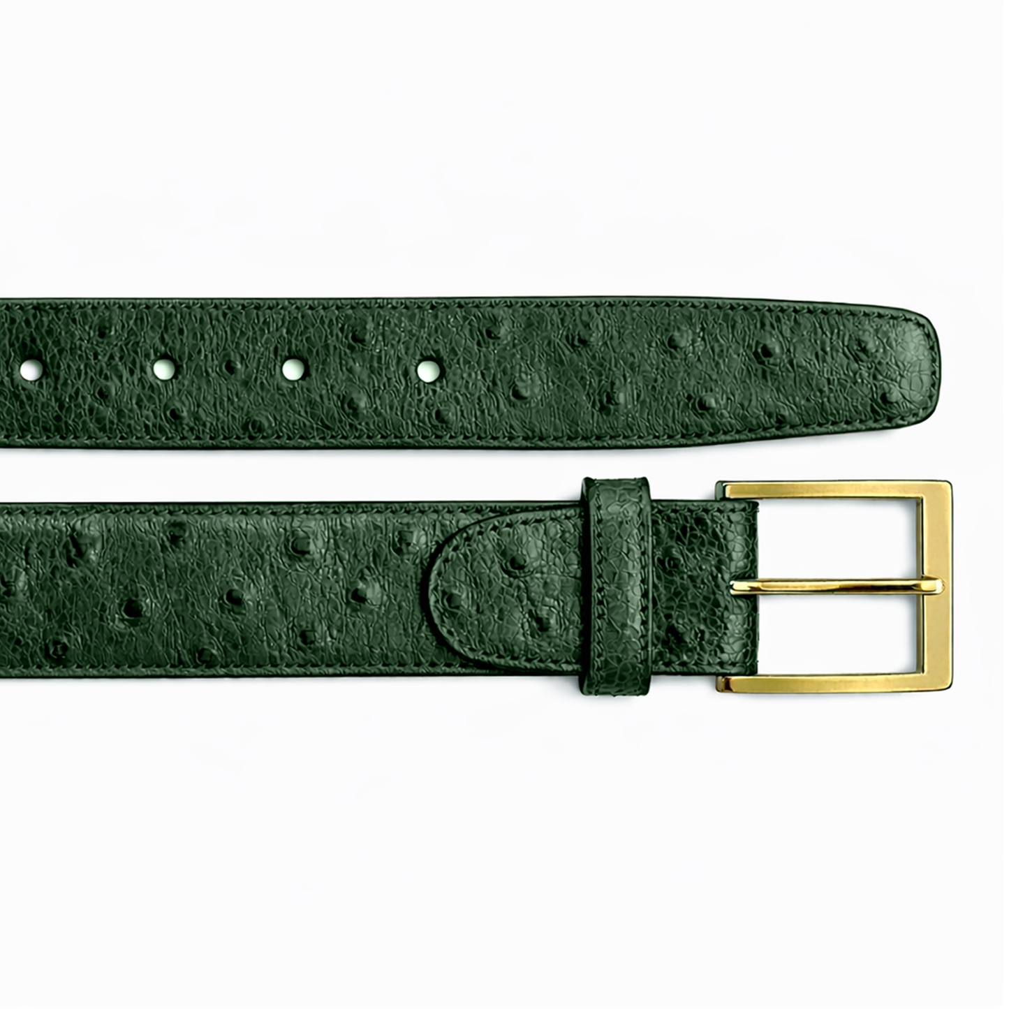 The BELVEDERE Belvedere Ostrich Quill Belt Forest Green 2001 features dark green textured ostrich leather, a stitched loop, evenly spaced holes, a rectangular gold buckle, and is displayed on a white background.