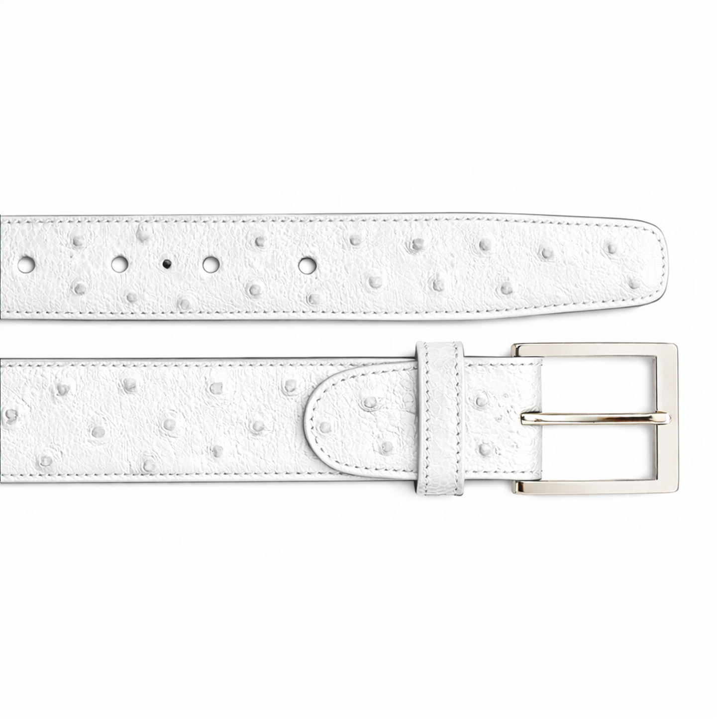 The BELVEDERE Belvedere Ostrich Quill Belt White 2001 features an adjustable white leather design with an ostrich quill-inspired dotted pattern and a rectangular silver buckle, shown flat on a white background.