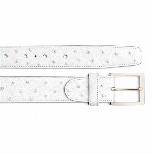The BELVEDERE Belvedere Ostrich Quill Belt White 2001 features an adjustable white leather design with an ostrich quill-inspired dotted pattern and a rectangular silver buckle, shown flat on a white background.