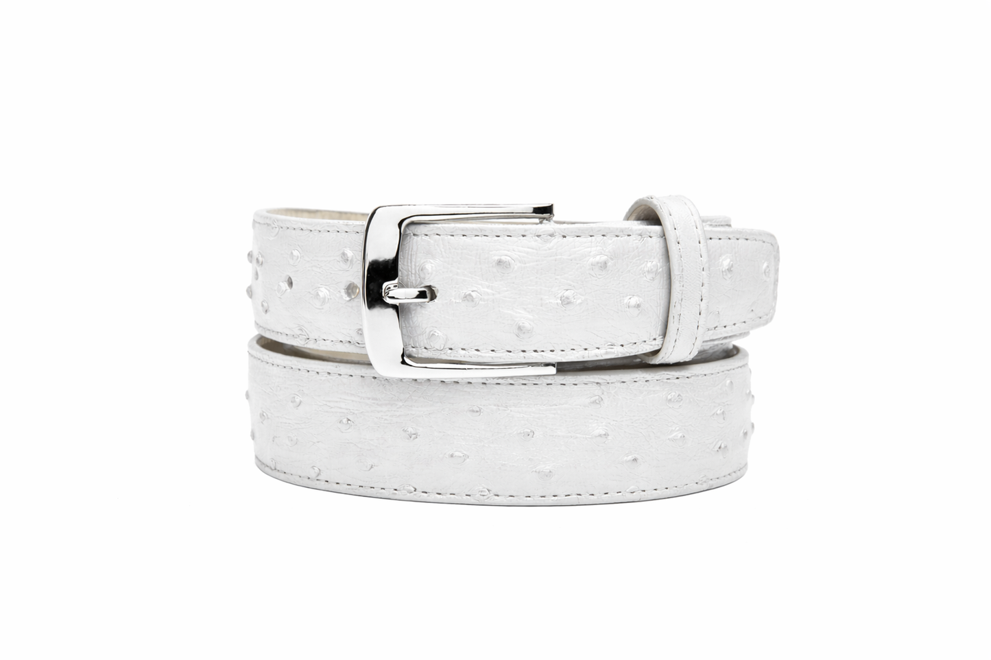 The BELVEDERE Belvedere Ostrich Quill Belt White 2001 features an adjustable white leather design with an ostrich quill-inspired dotted pattern and a rectangular silver buckle, shown flat on a white background.