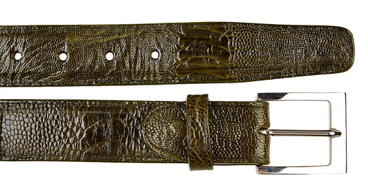 The BELVEDERE Belvedere Ostrich Leg Belt Olive 2000, shown flat in size 44, features a textured olive strap with an adjustable fit and a silver rectangular buckle for detailed viewing of both strap and buckle.