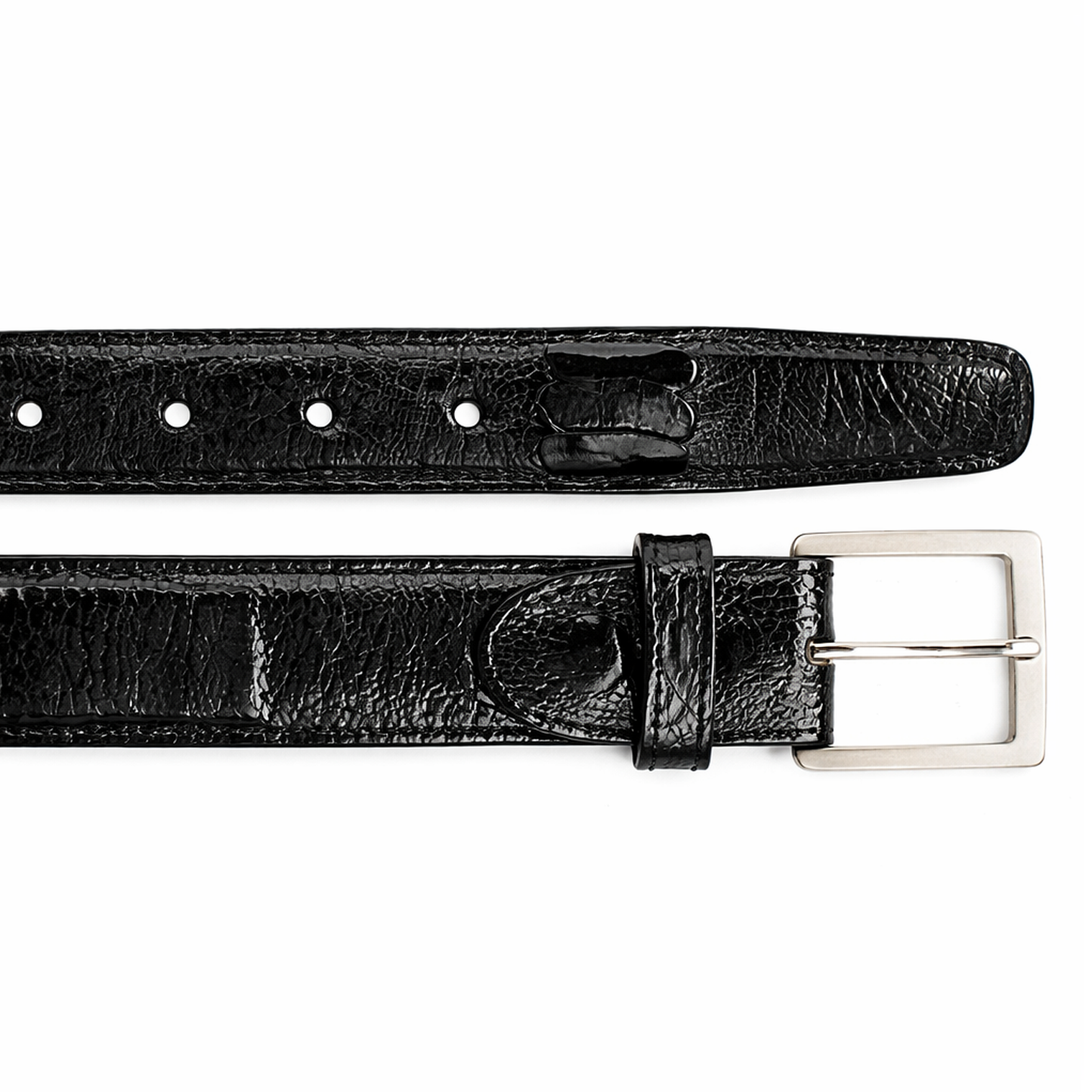 The BELVEDERE Belvedere Ostrich Leg Belt Black 2000 features a black ostrich leg leather strap, silver rectangular buckle, size 44 fit, and adjustment holes, shown from front and back views.
