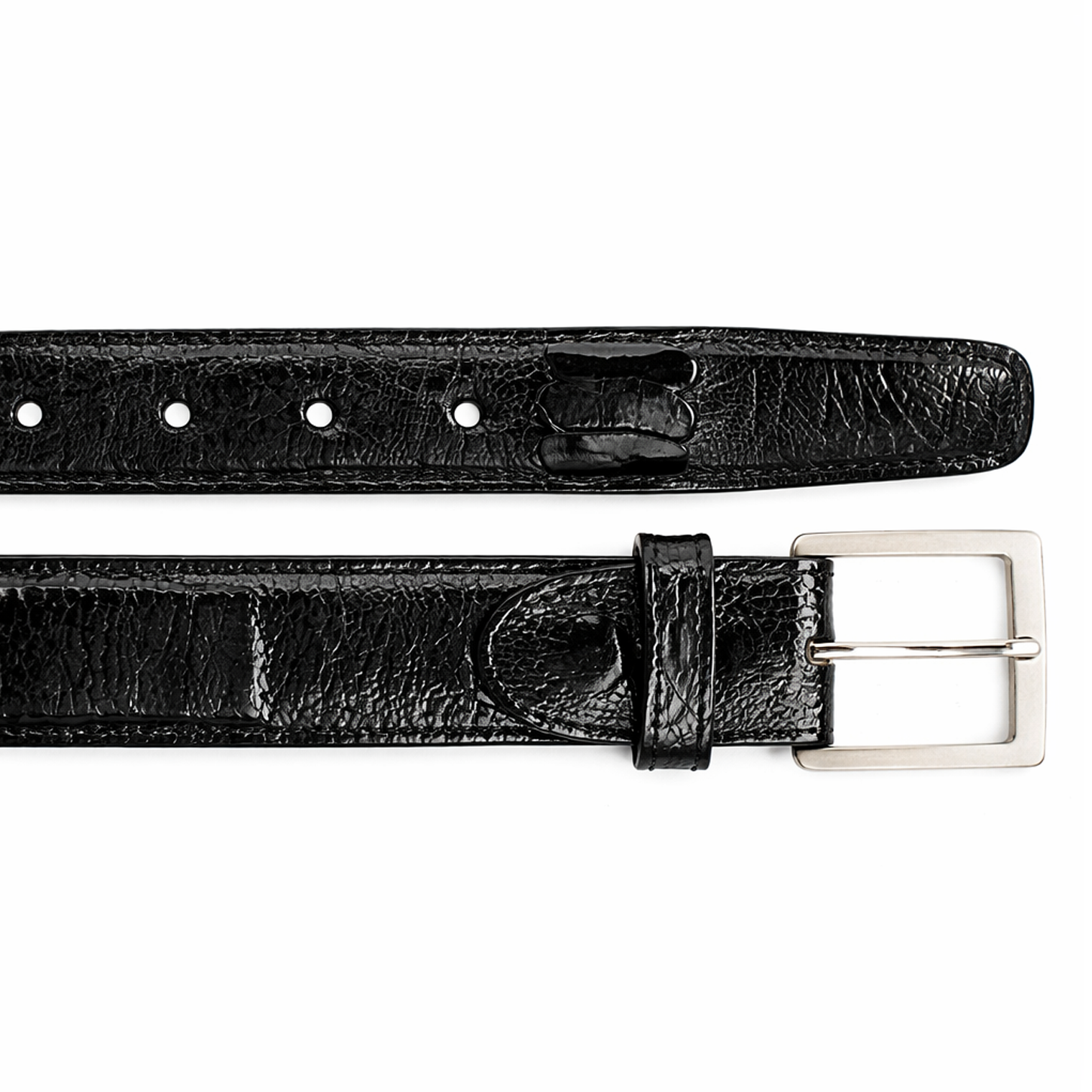The BELVEDERE Belvedere Ostrich Leg Belt Black 2000 features a black ostrich leg leather strap, silver rectangular buckle, size 44 fit, and adjustment holes, shown from front and back views.