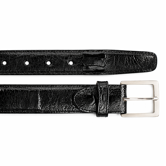 The BELVEDERE Belvedere Ostrich Leg Belt Black 2000 features a black ostrich leg leather strap, silver rectangular buckle, size 44 fit, and adjustment holes, shown from front and back views.