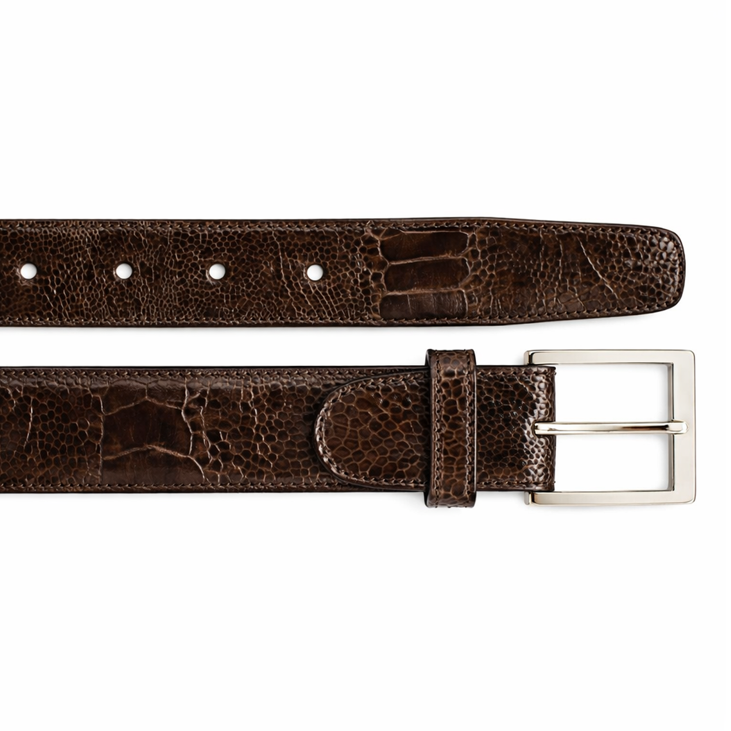 The BELVEDERE Belvedere Ostrich Leg Belt Chocolate Brown 2000 is a textured leather adjustable belt with a silver rectangular buckle, shown laid flat with visible holes and stitching; ideal for size 44.