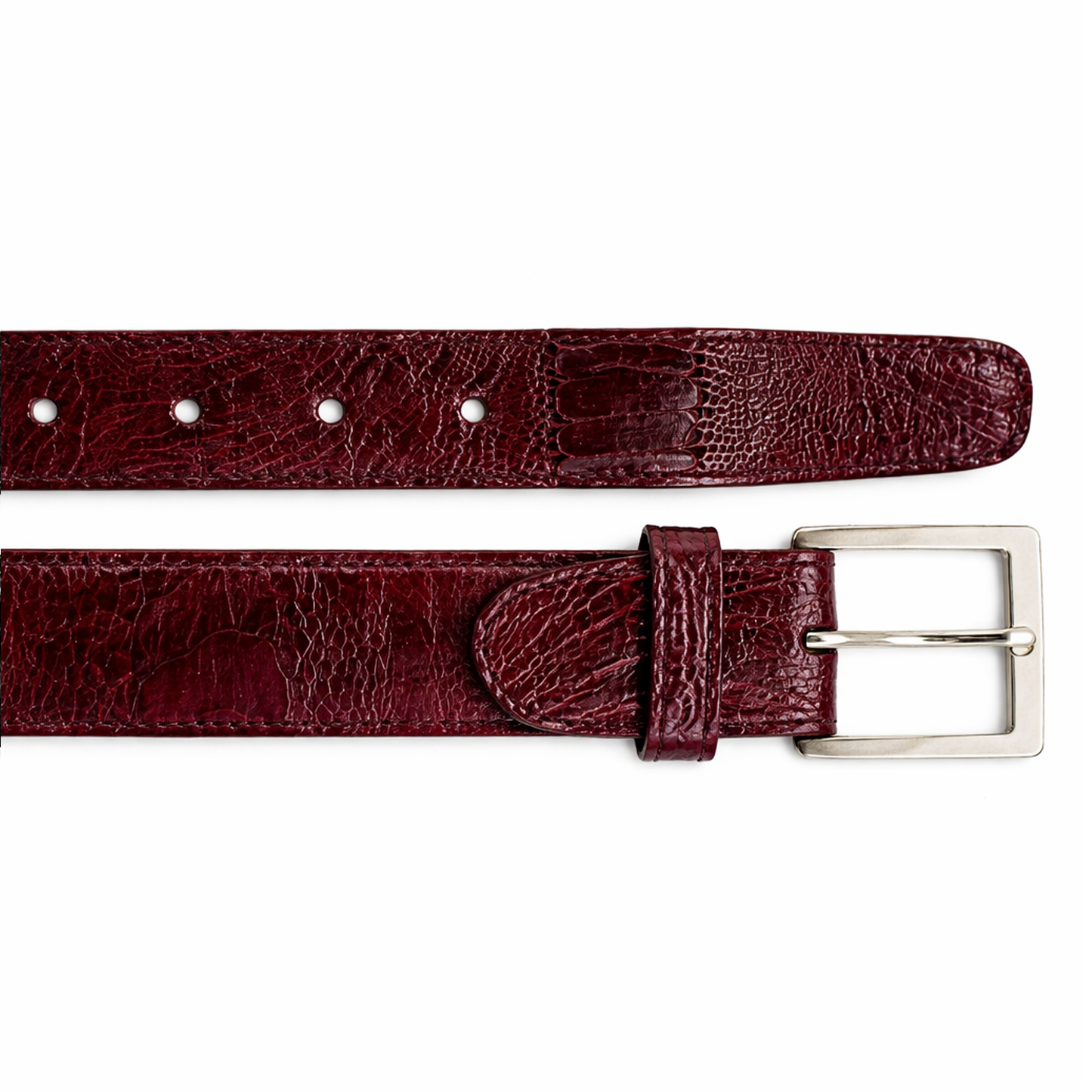 A close-up of the BELVEDERE Ostrich Leg Belt Dark Burgundy 2000, featuring textured leather, five holes, a matching loop, and a silver rectangular buckle. Shown here in size 44.