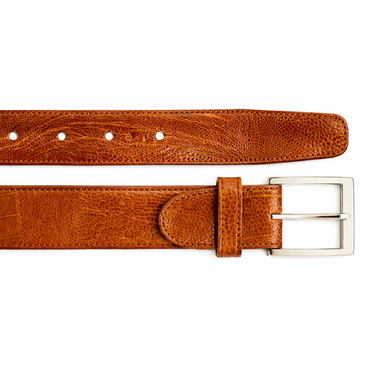 The BELVEDERE Ostrich Leg Belt Burned Amber 2000 features brown textured leather, a silver rectangular buckle, and multiple adjustment holes for a perfect fit. This size 44 adjustable belt is shown flat on a white background.