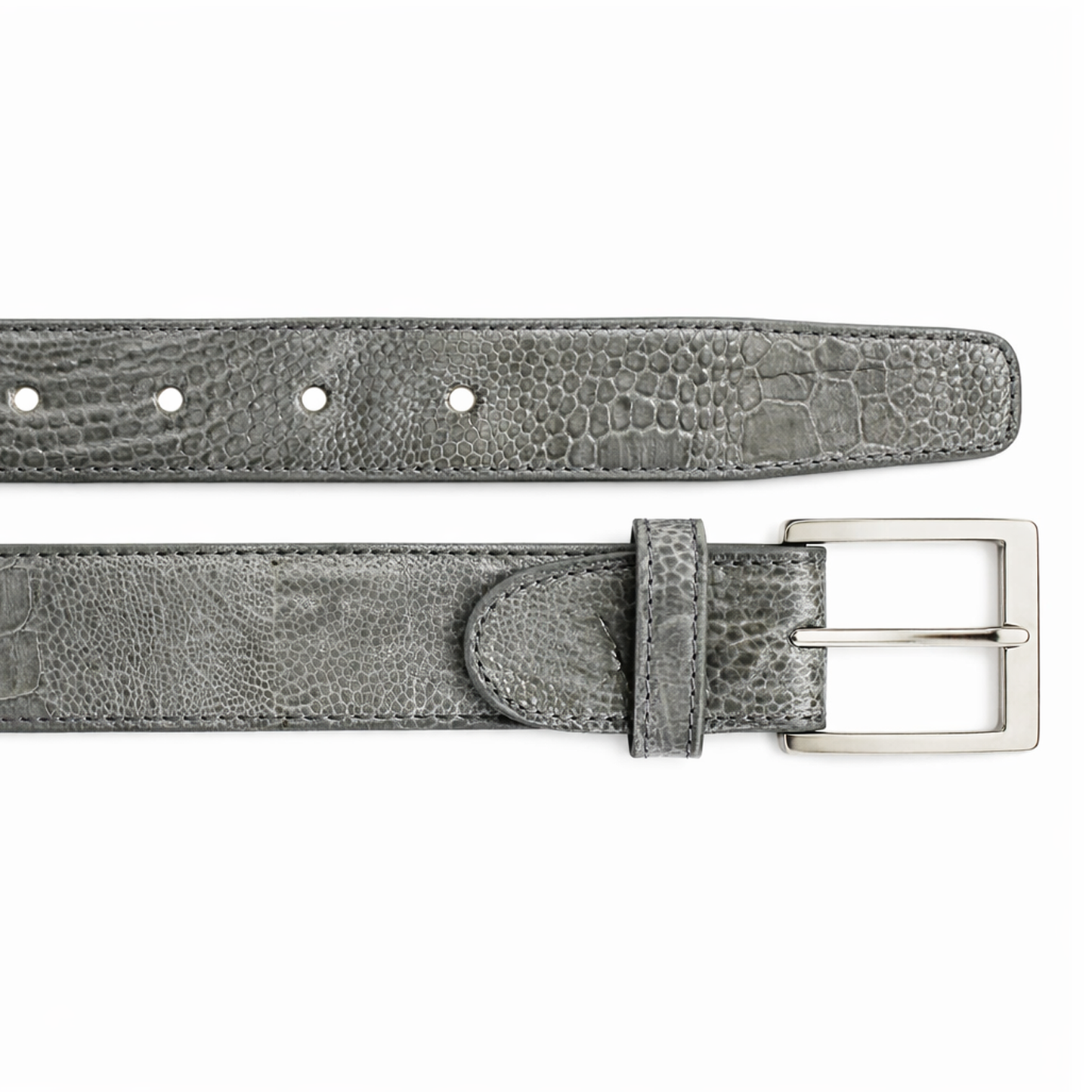The BELVEDERE Ostrich Leg Belt Gray 2000 features textured gray leather, ostrich leg detailing, a silver rectangular buckle, and multiple adjustment holes. Shown laid flat in size 44.