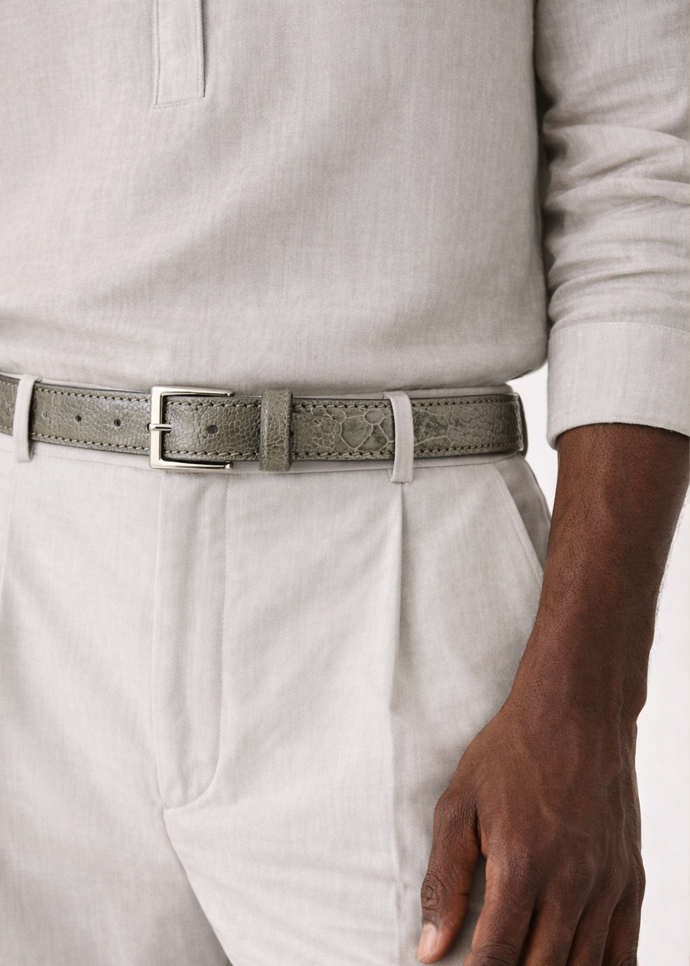 The BELVEDERE Ostrich Leg Belt Gray 2000 features textured gray leather, ostrich leg detailing, a silver rectangular buckle, and multiple adjustment holes. Shown laid flat in size 44.